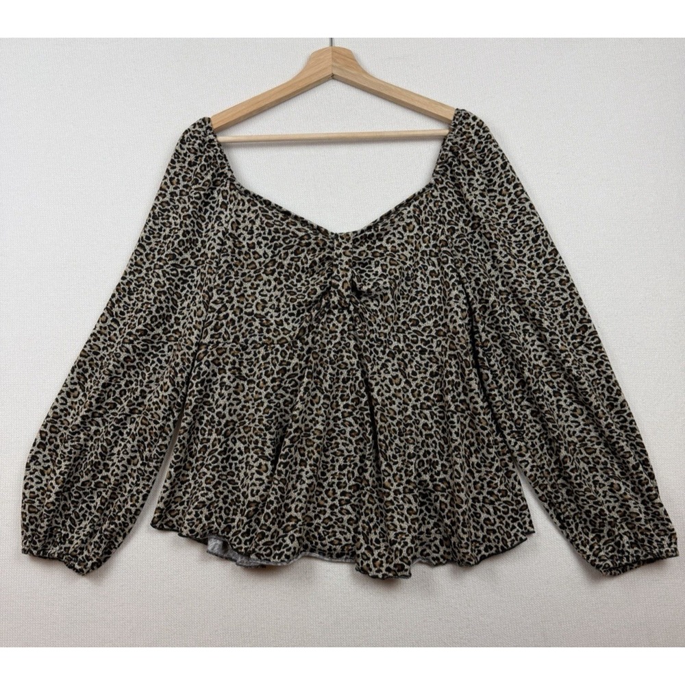 Shein Curvy Leopard Print Blouse Women's 1XL Baby Doll Top Shirt Long Sleeve